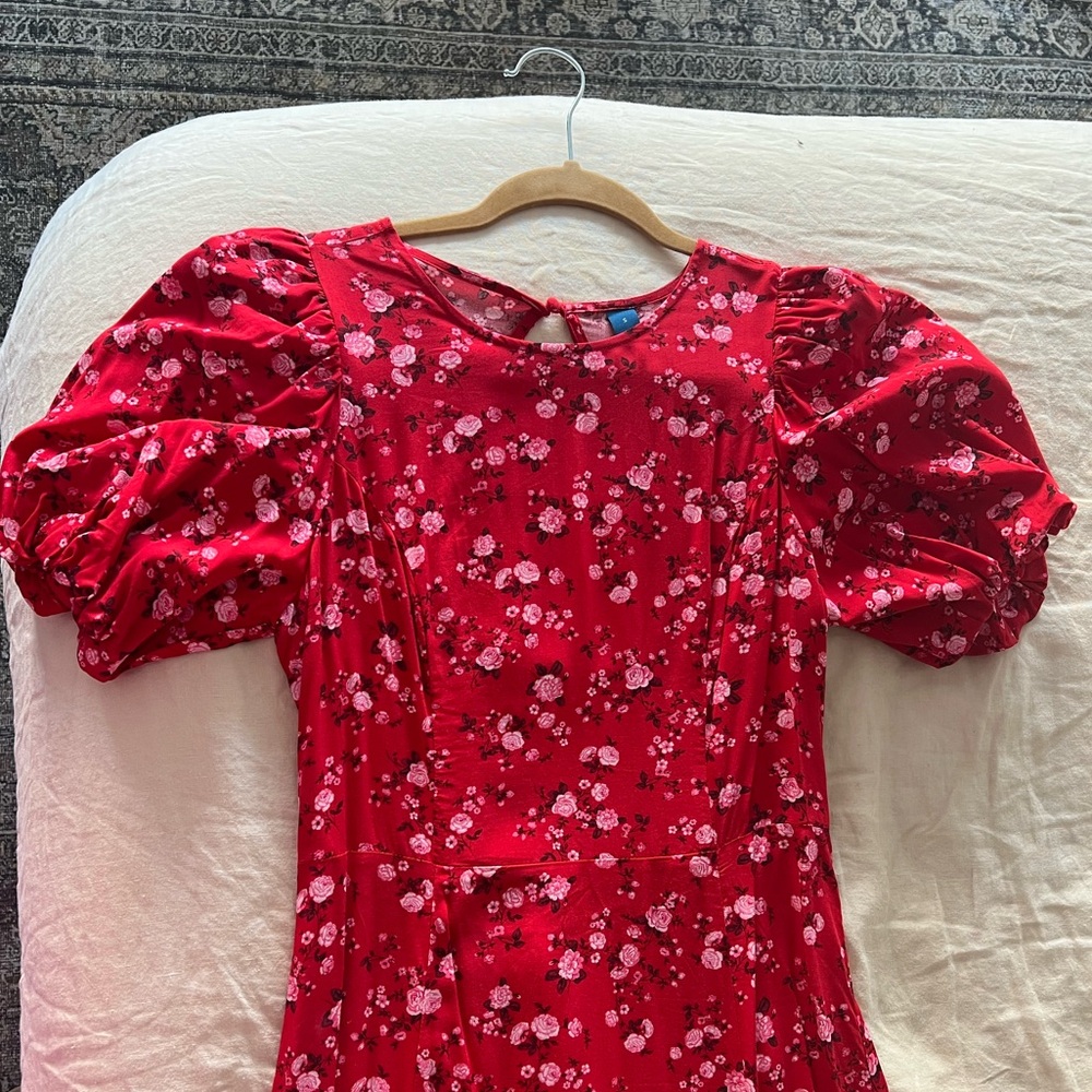 Red Floral Puff Sleeve Dress Size S